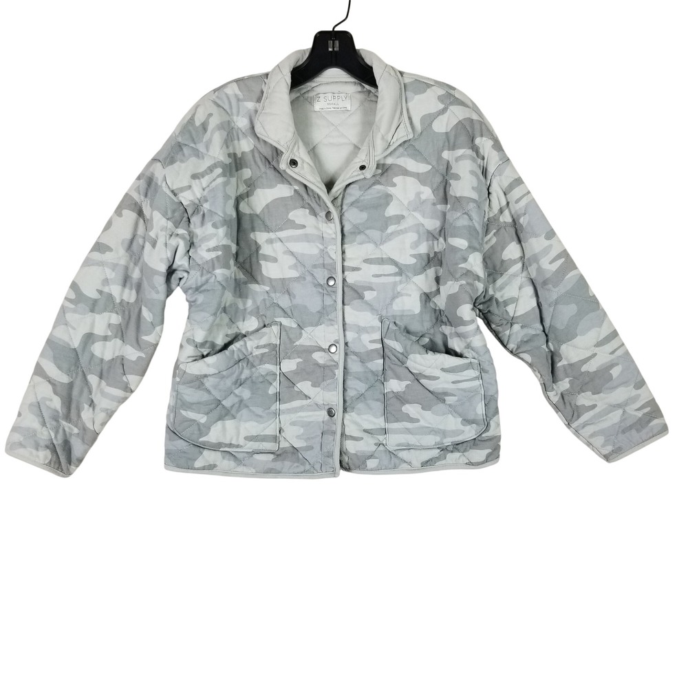 Z Supply Quilted Jacket Women XS Grey Camo Snap Front Pockets ZJ211468S
